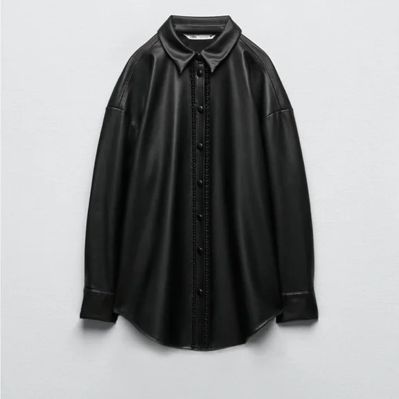 Women Zara Faux Leather Overshirt With Lace Inserts Size XS - Picture 6 of 16